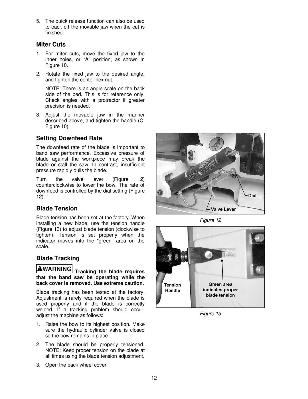 Jet Tools HBS-814GH operating instructions Miter Cuts, Setting Downfeed Rate, Blade Tension, Blade Tracking 