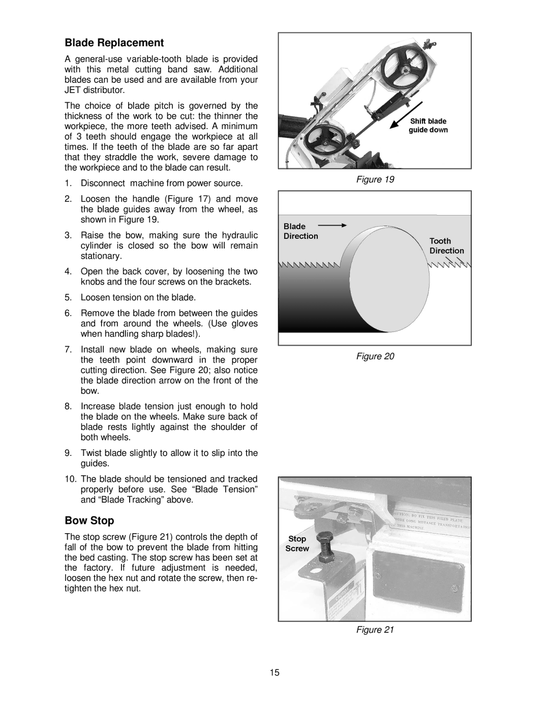 Jet Tools HBS-814GH operating instructions Blade Replacement, Bow Stop 