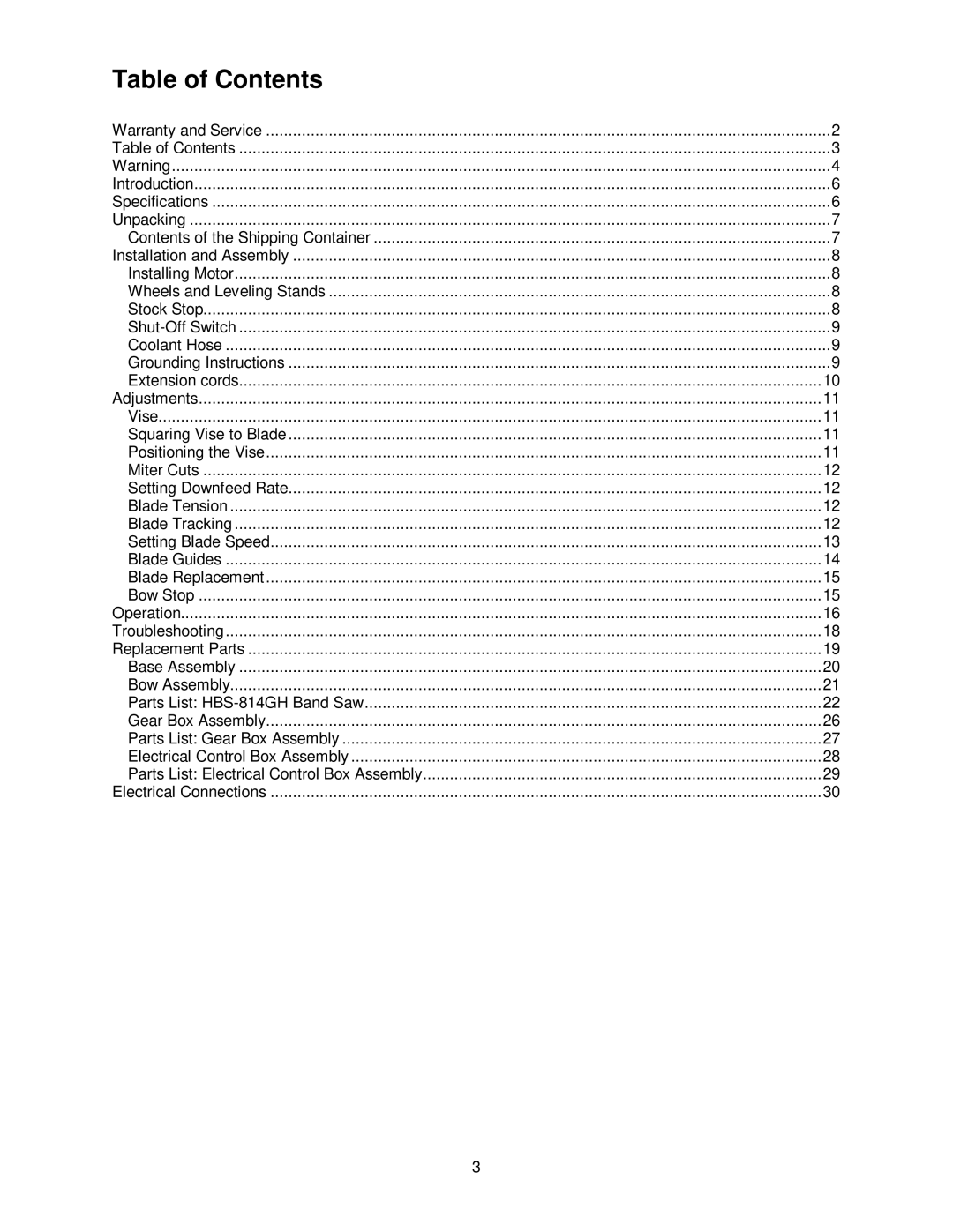 Jet Tools HBS-814GH operating instructions Table of Contents 