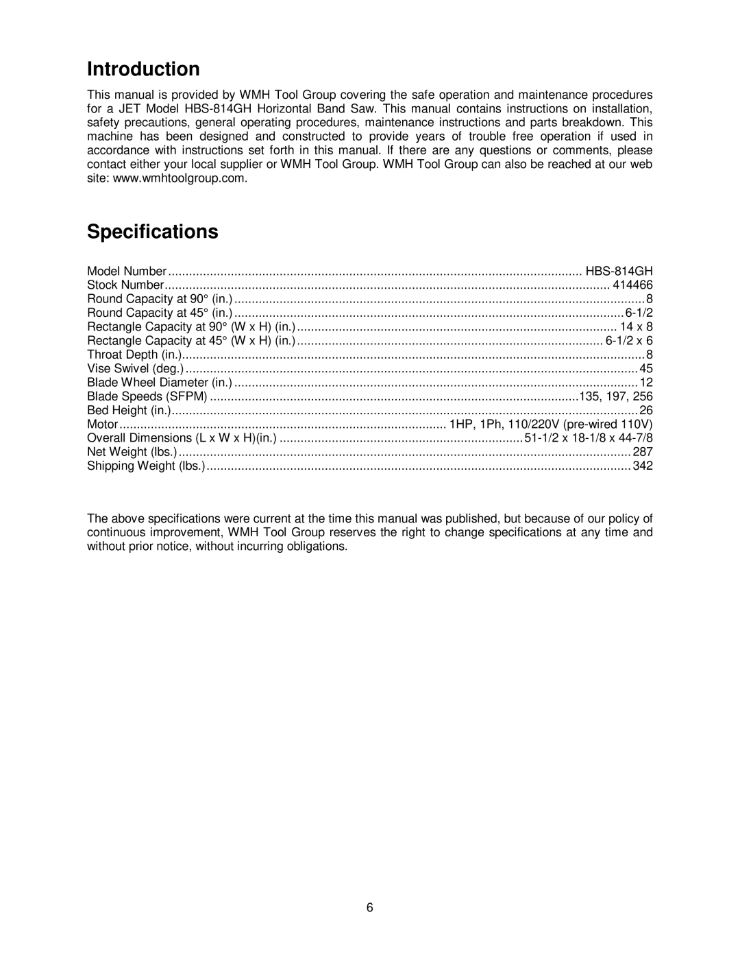 Jet Tools HBS-814GH operating instructions Introduction Specifications 