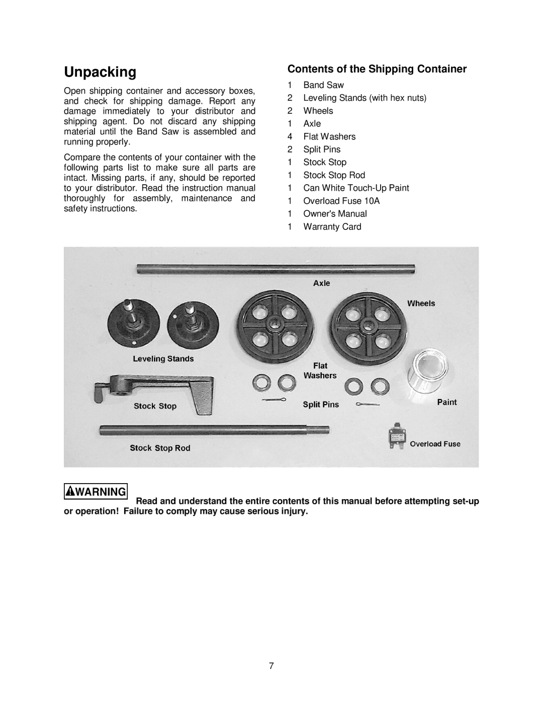 Jet Tools HBS-814GH operating instructions Unpacking, Contents of the Shipping Container 