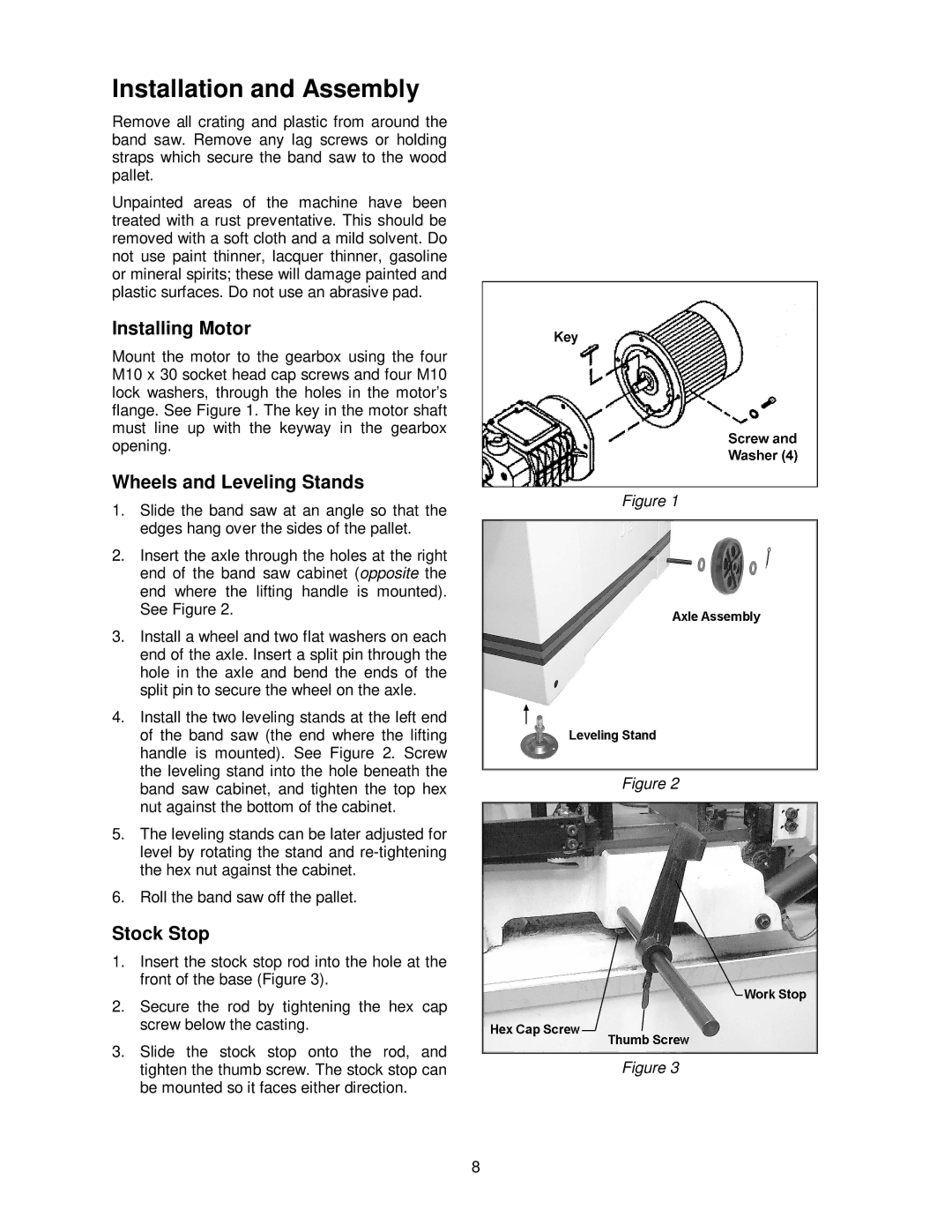 Jet Tools HBS-814GH Installation and Assembly, Installing Motor, Wheels and Leveling Stands, Stock Stop 