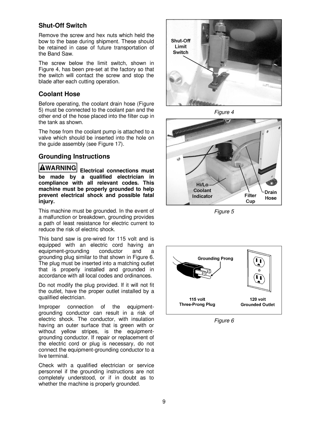 Jet Tools HBS-814GH operating instructions Shut-Off Switch, Coolant Hose, Grounding Instructions 