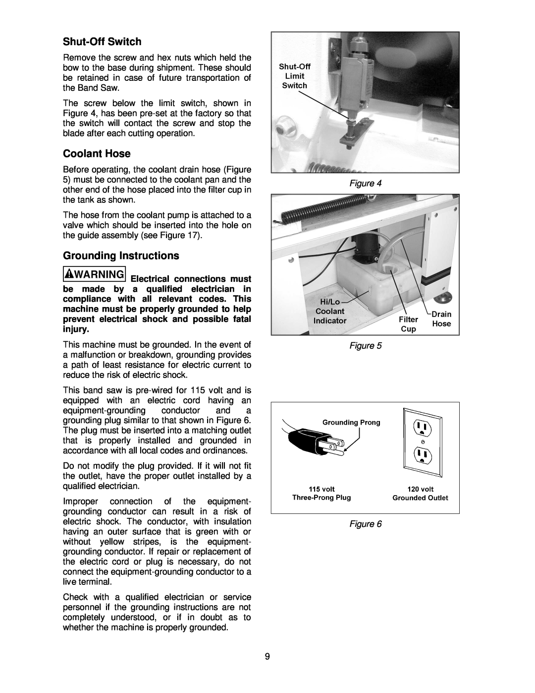 Jet Tools HBS-814GH operating instructions Shut-Off Switch, Coolant Hose, Grounding Instructions 