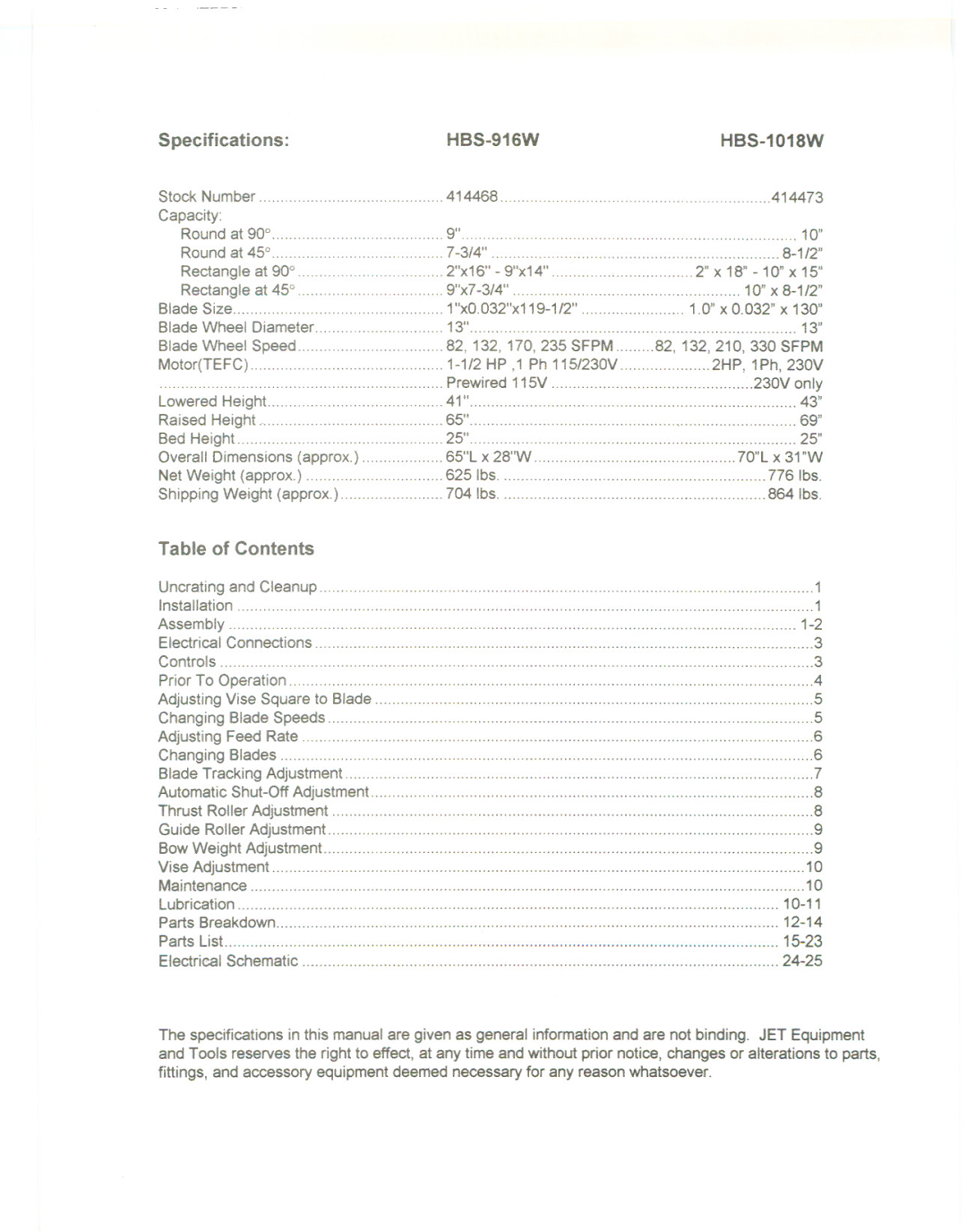 Jet Tools HBS-916W, HBS-1018W manual Specifications, Table of Contents 