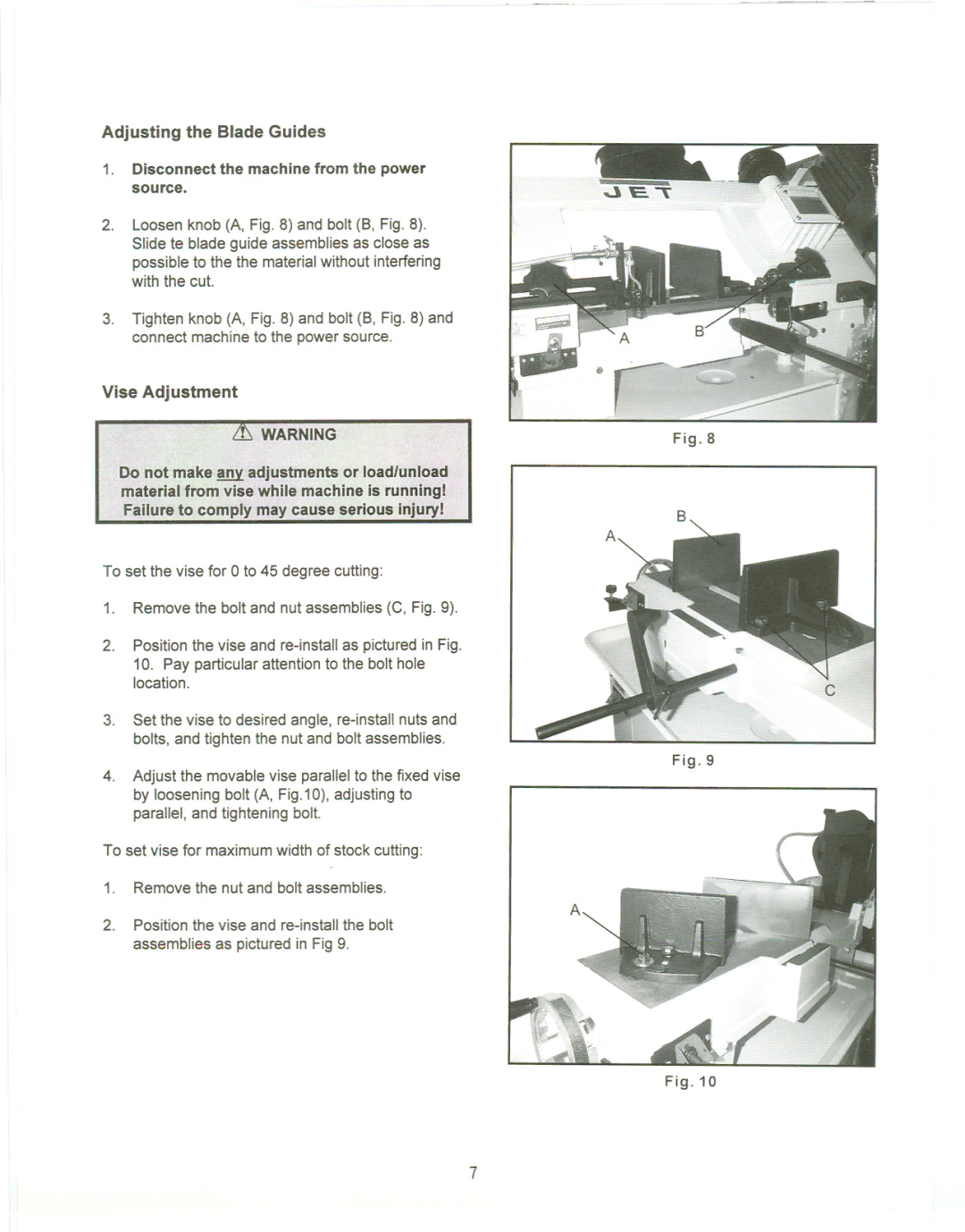 Jet Tools HBVS-7MW manual Adjusting the Blade Guides, Vise Adj ustment 