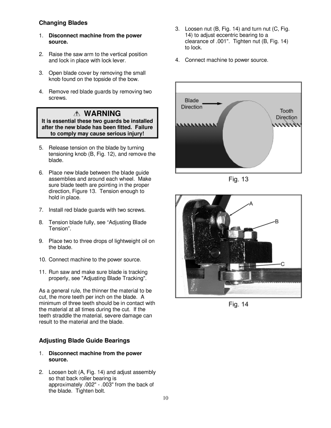 Jet Tools HVBS-56M owner manual Changing Blades, Adjusting Blade Guide Bearings 