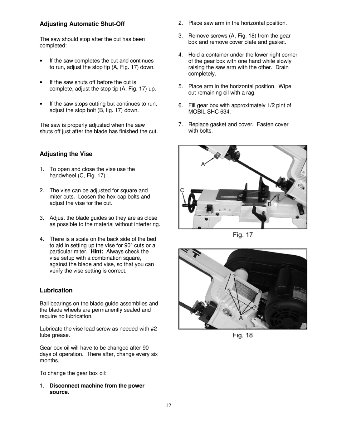 Jet Tools HVBS-56M owner manual Adjusting Automatic Shut-Off, Adjusting the Vise, Lubrication 