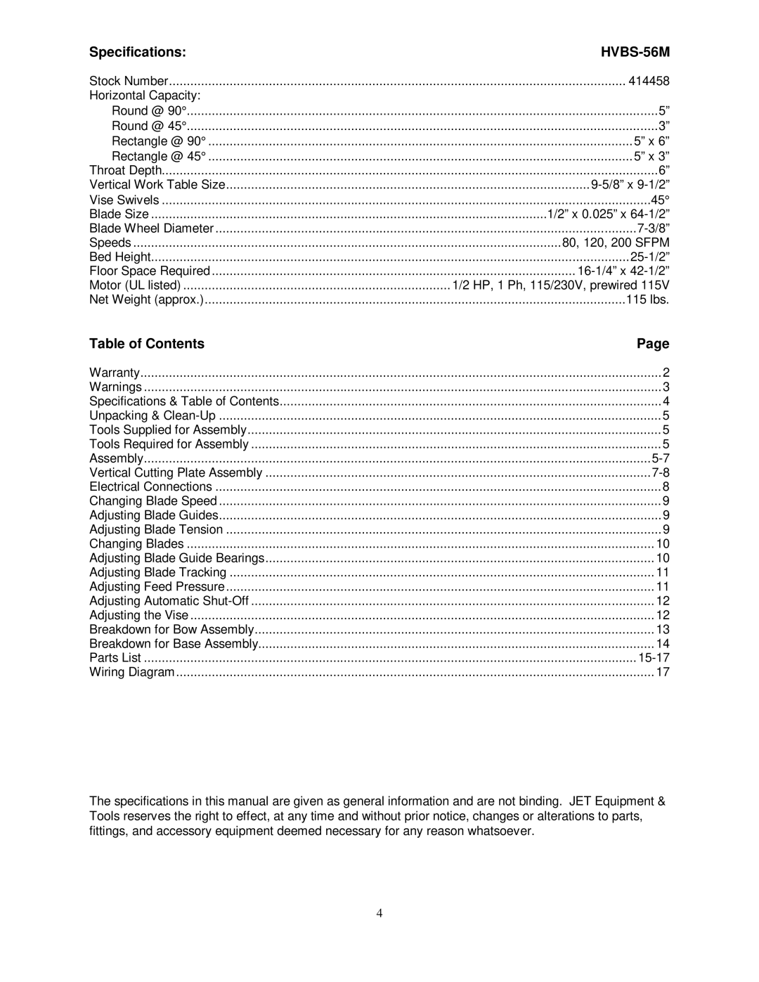 Jet Tools HVBS-56M owner manual Specifications, Table of Contents 