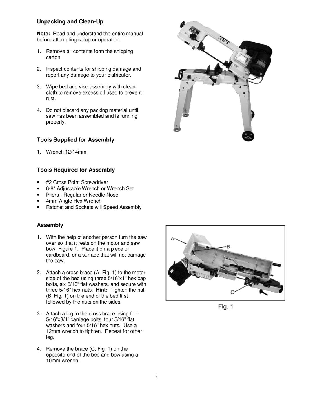 Jet Tools HVBS-56M owner manual Unpacking and Clean-Up, Tools Supplied for Assembly, Tools Required for Assembly 