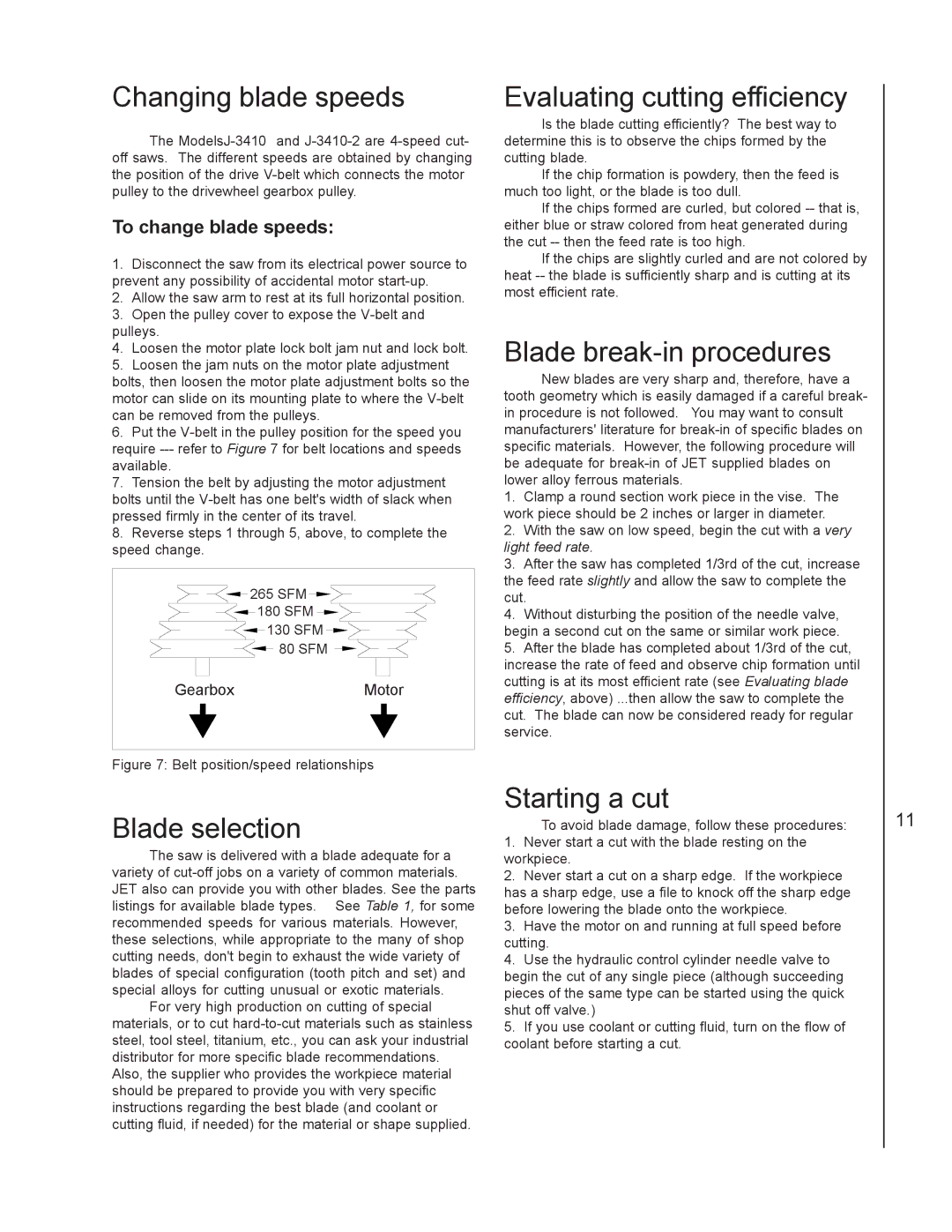 Jet Tools J-3410 Changing blade speeds, Blade selection, Evaluating cutting efficiency, Blade break-in procedures 