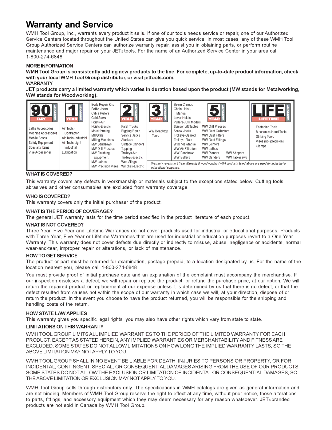 Jet Tools J-3410-2 operating instructions Life 