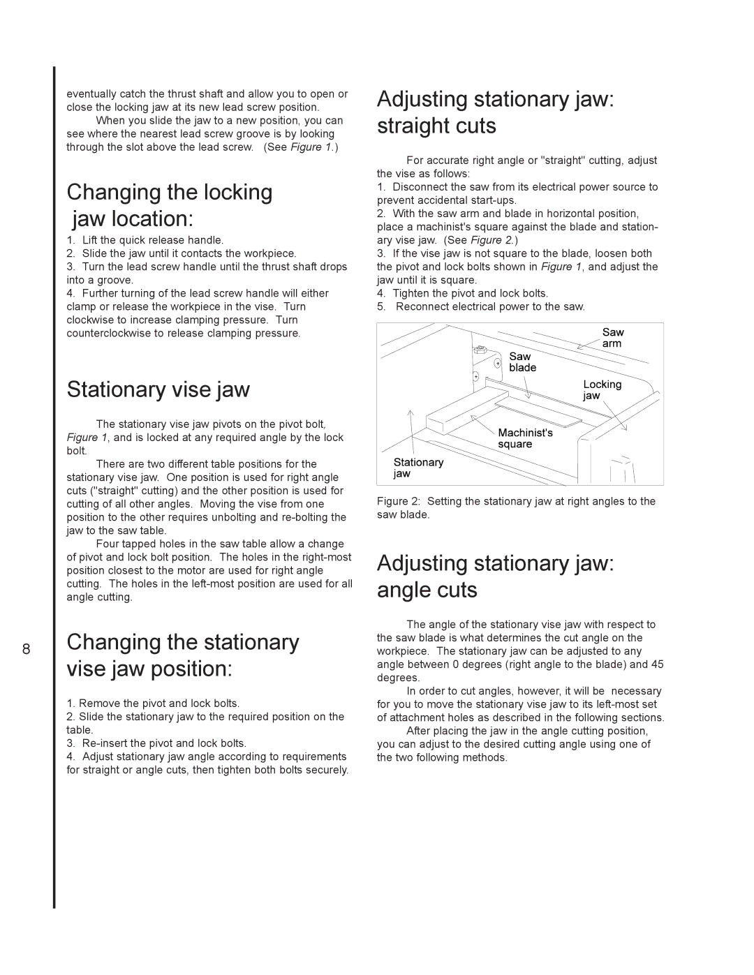 Jet Tools J-3410-2 Changing the locking jaw location, Adjusting stationary jaw straight cuts, Stationary vise jaw 