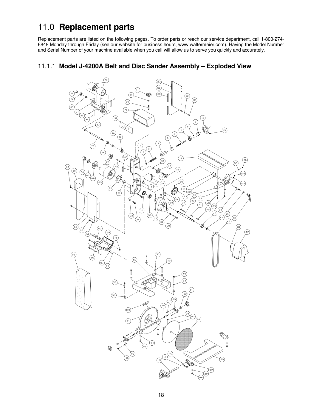 Jet Tools J-4301A, J-4400A, J-4401A, J-4300A Replacement parts, Model J-4200A Belt and Disc Sander Assembly Exploded View 