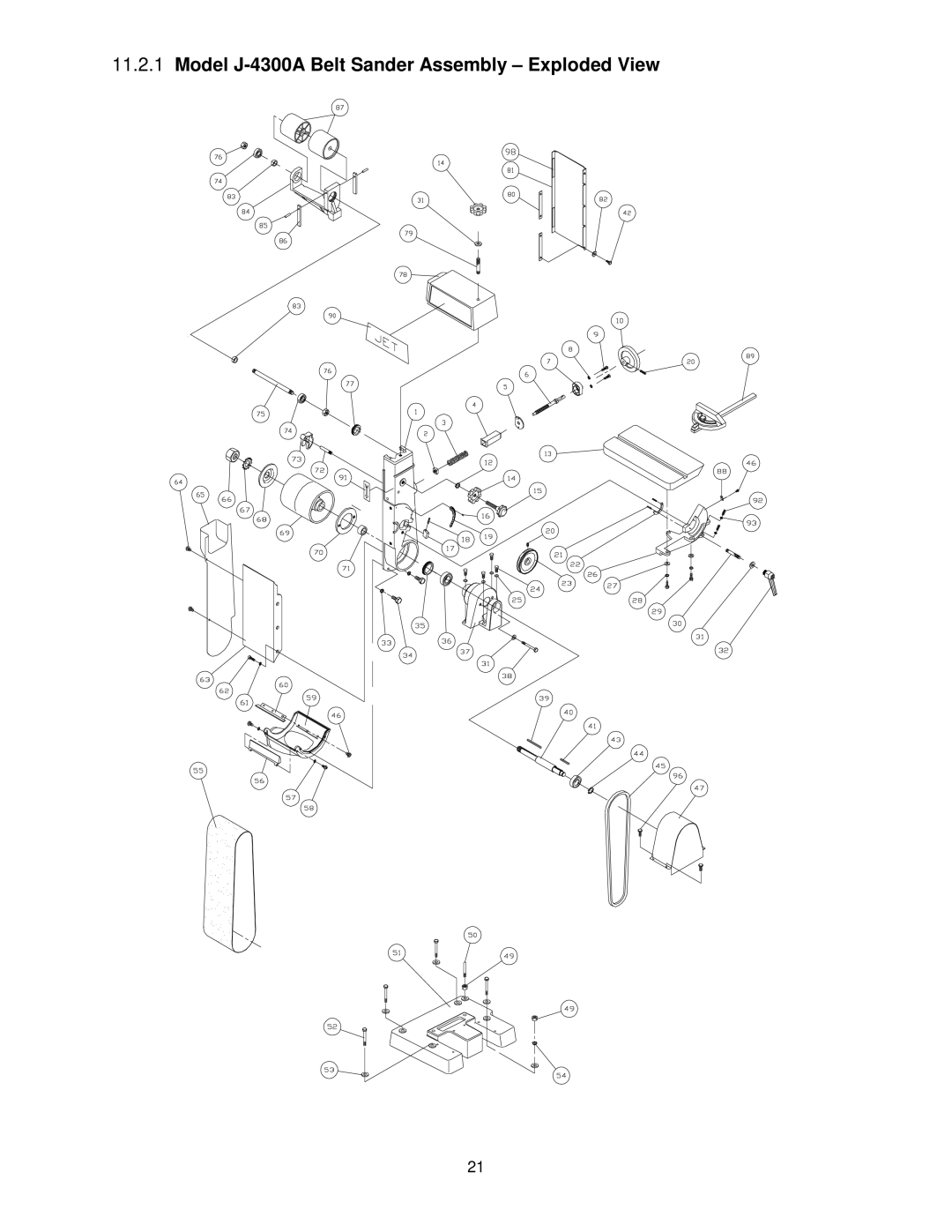 Jet Tools J-4400A, J-4401A, J-4301A, J-4202A, J-4200A-2 Model J-4300A Belt Sander Assembly Exploded View 