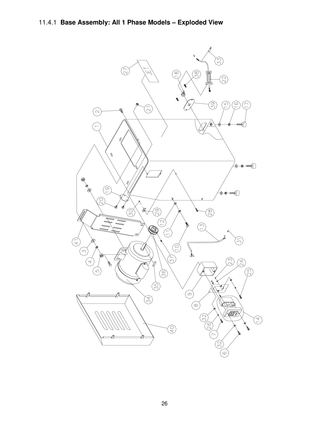 Jet Tools J-4202A, J-4400A, J-4401A, J-4300A, J-4301A, J-4200A-2 Base Assembly All 1 Phase Models Exploded View 