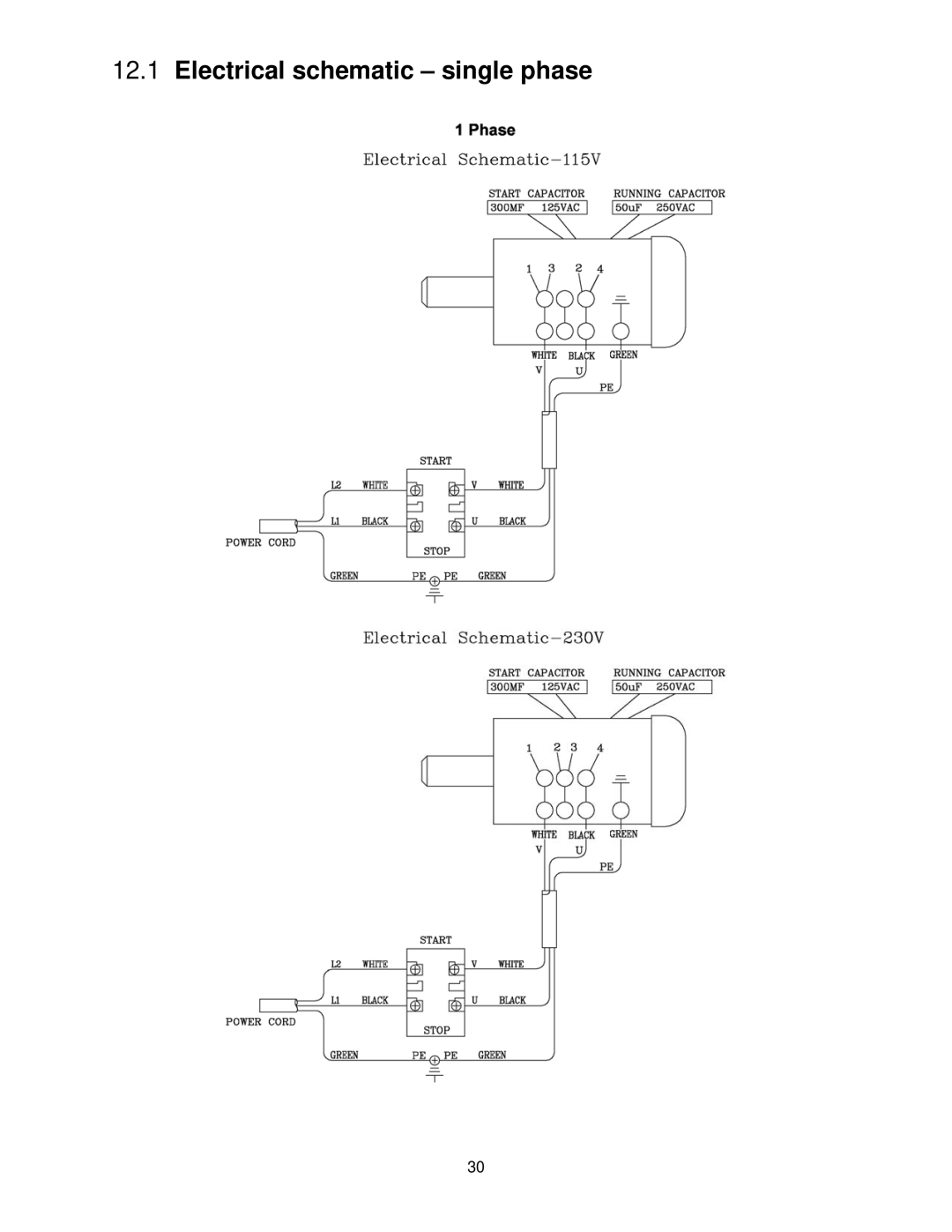 Jet Tools J-4300A, J-4400A, J-4401A, J-4301A, J-4202A, J-4200A-2 operating instructions Electrical schematic single phase 