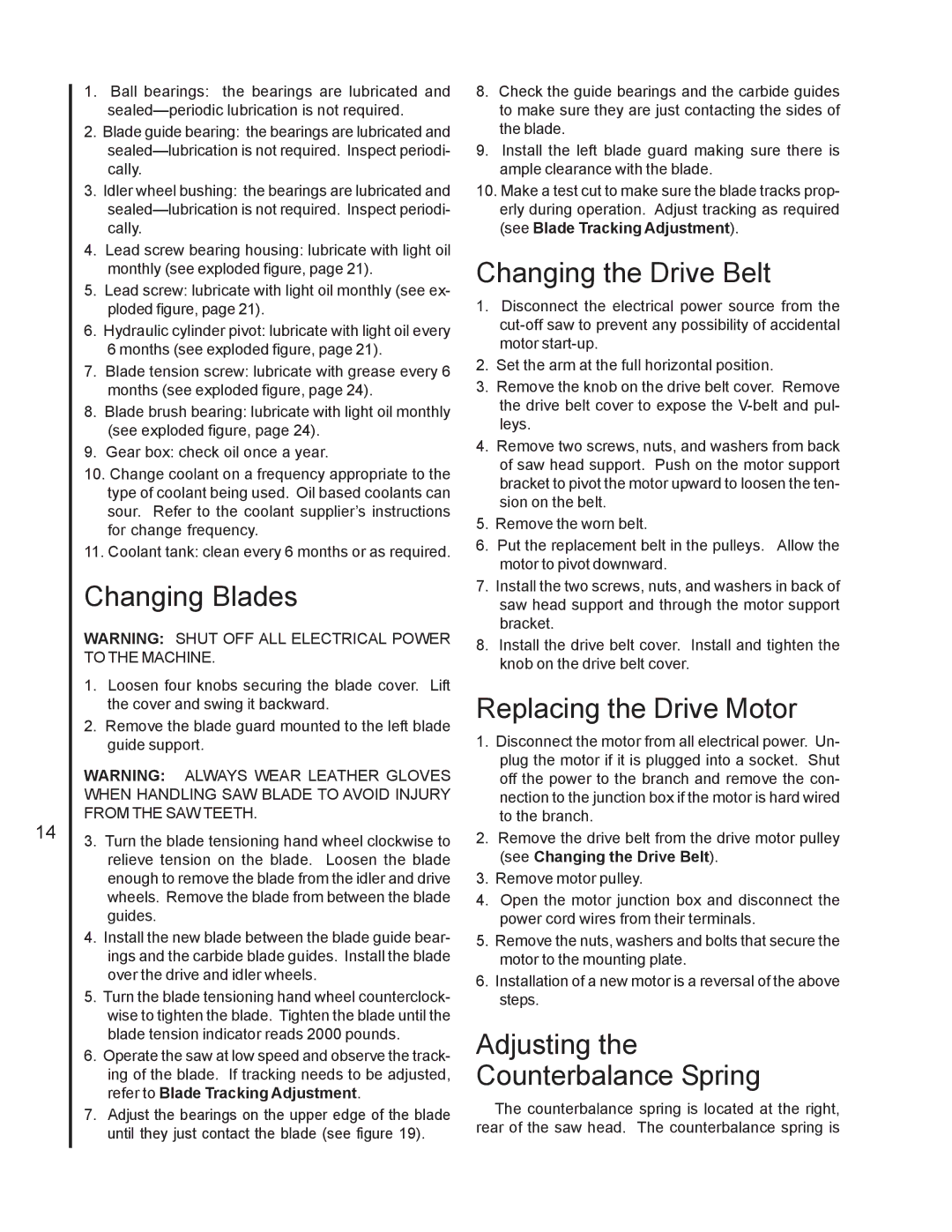 Jet Tools J-7020 Changing Blades, Changing the Drive Belt, Replacing the Drive Motor, Adjusting the Counterbalance Spring 