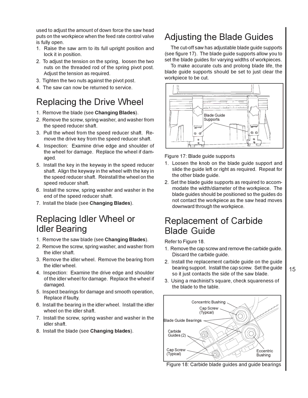 Jet Tools J-7040, J-7020 Replacing the Drive Wheel, Replacing Idler Wheel or Idler Bearing, Adjusting the Blade Guides 