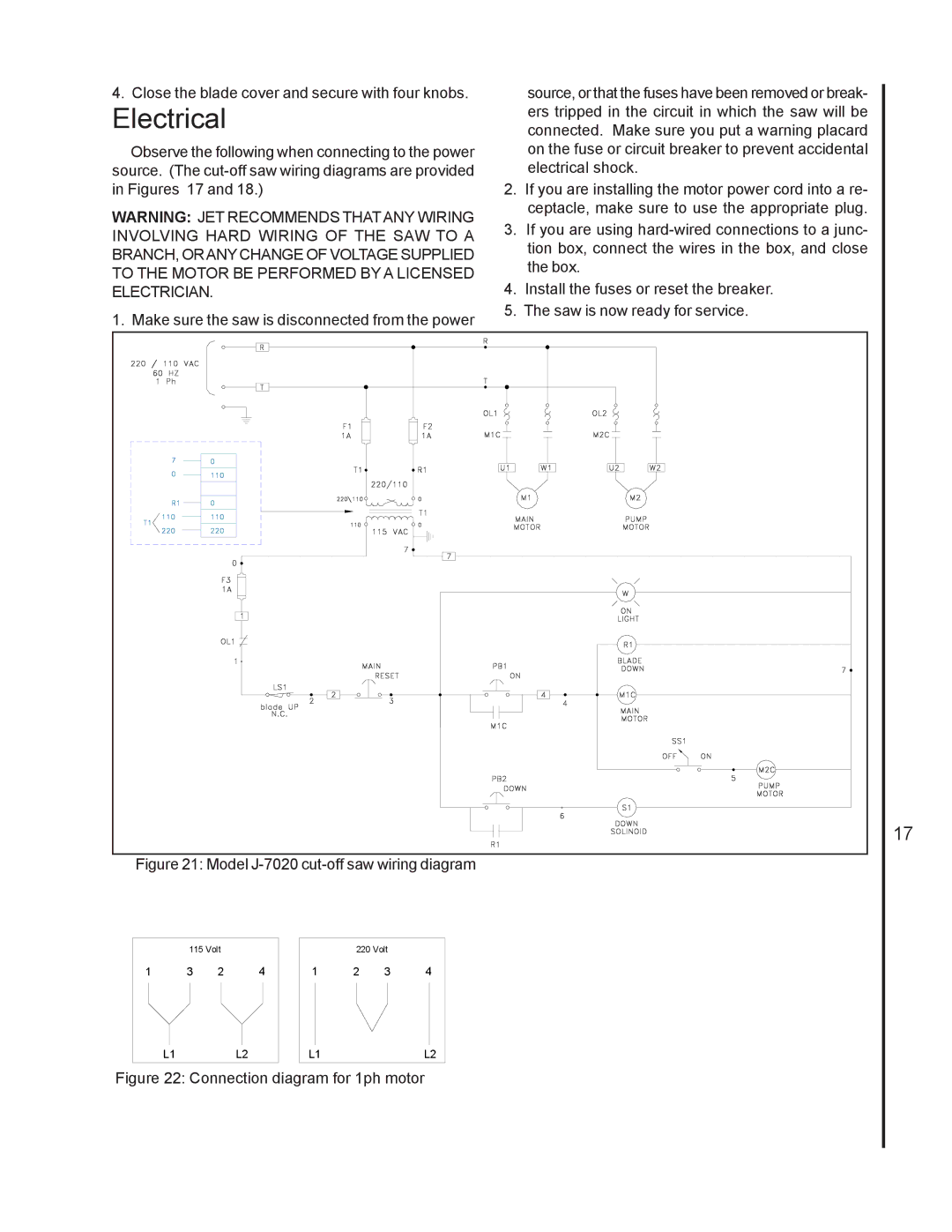 Jet Tools J-7040 operating instructions Electrical, Model J-7020 cut-off saw wiring diagram 