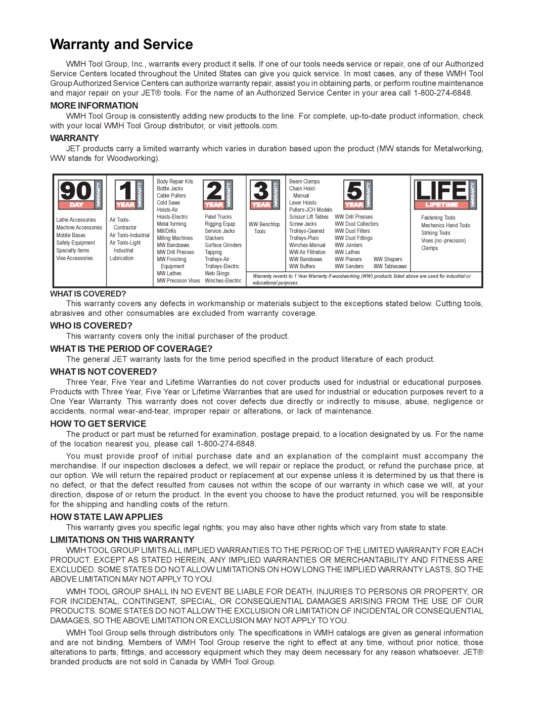 Jet Tools J-7020, J-7040 operating instructions Life 