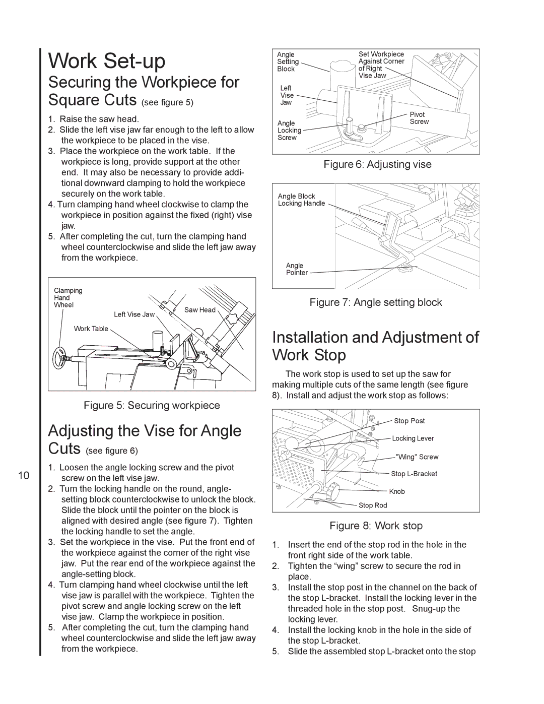 Jet Tools J-7060 operating instructions Work Set-up, Securing the Workpiece for, Adjusting the Vise for Angle Cuts 