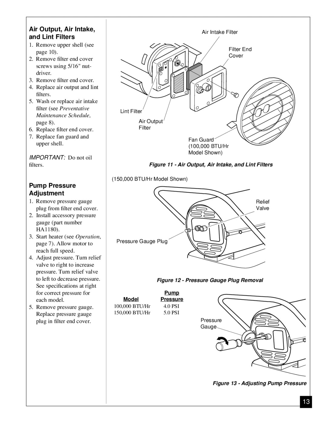 Jet Tools J150ECA, J100ECA owner manual Air Output, Air Intake, and Lint Filters, Pump Pressure Adjustment 