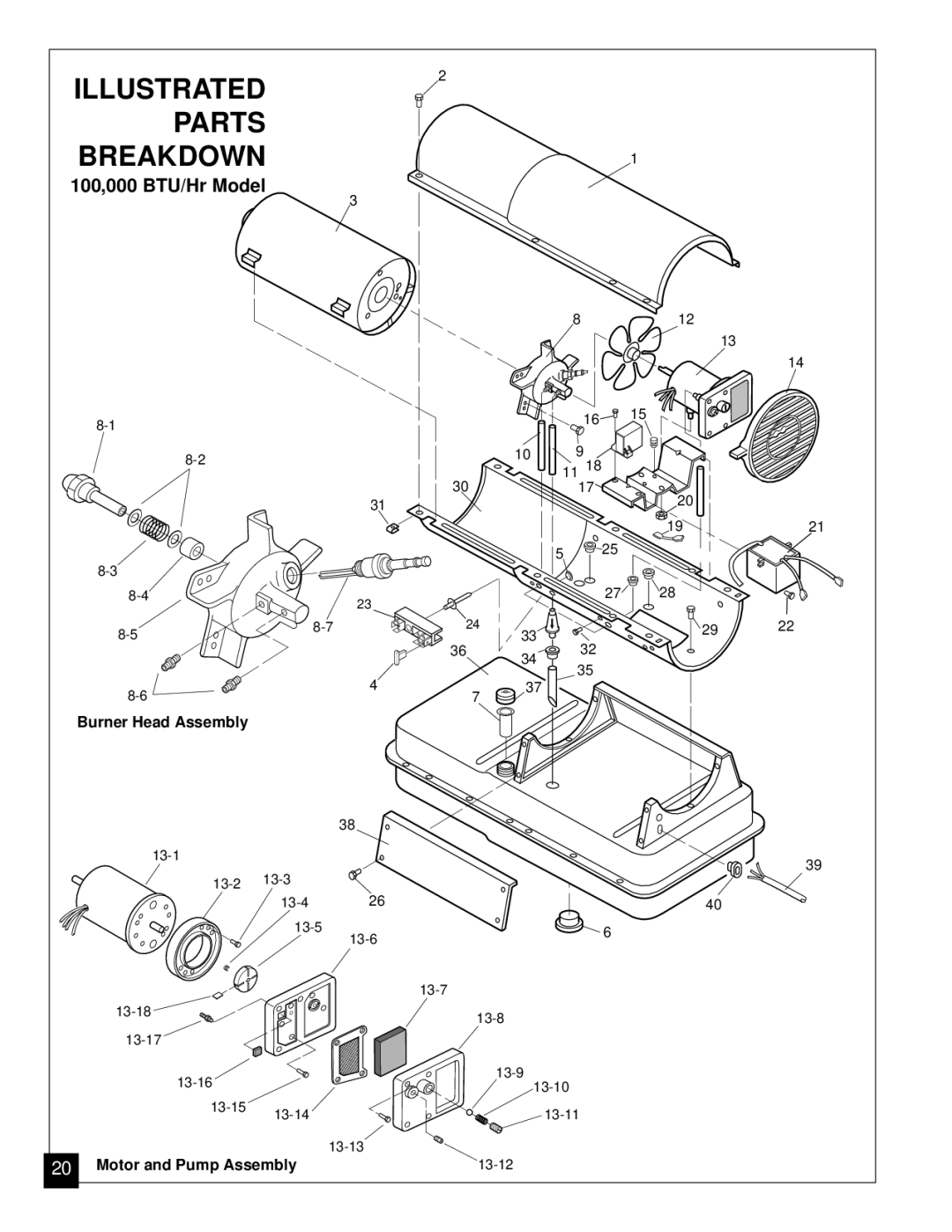 Jet Tools J100ECA, J150ECA owner manual Parts Breakdown, 100,000 BTU/Hr Model 