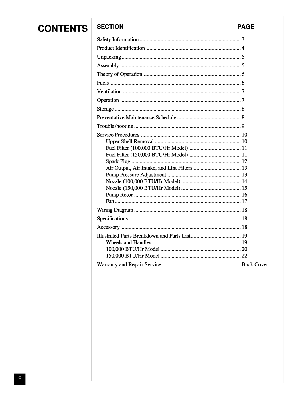 Jet Tools J100ECA, J150ECA owner manual Contents, Section, Page 