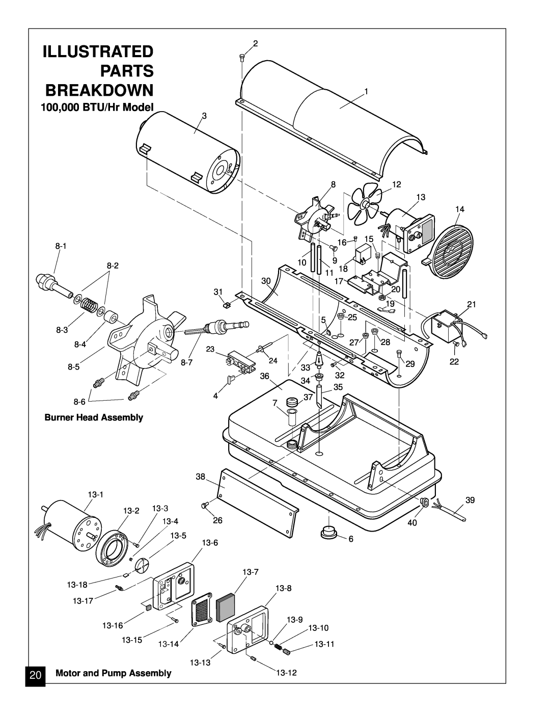 Jet Tools J100ECA, J150ECA owner manual Parts, Breakdown, Illustrated, 100,000 BTU/Hr Model, Burner Head Assembly 