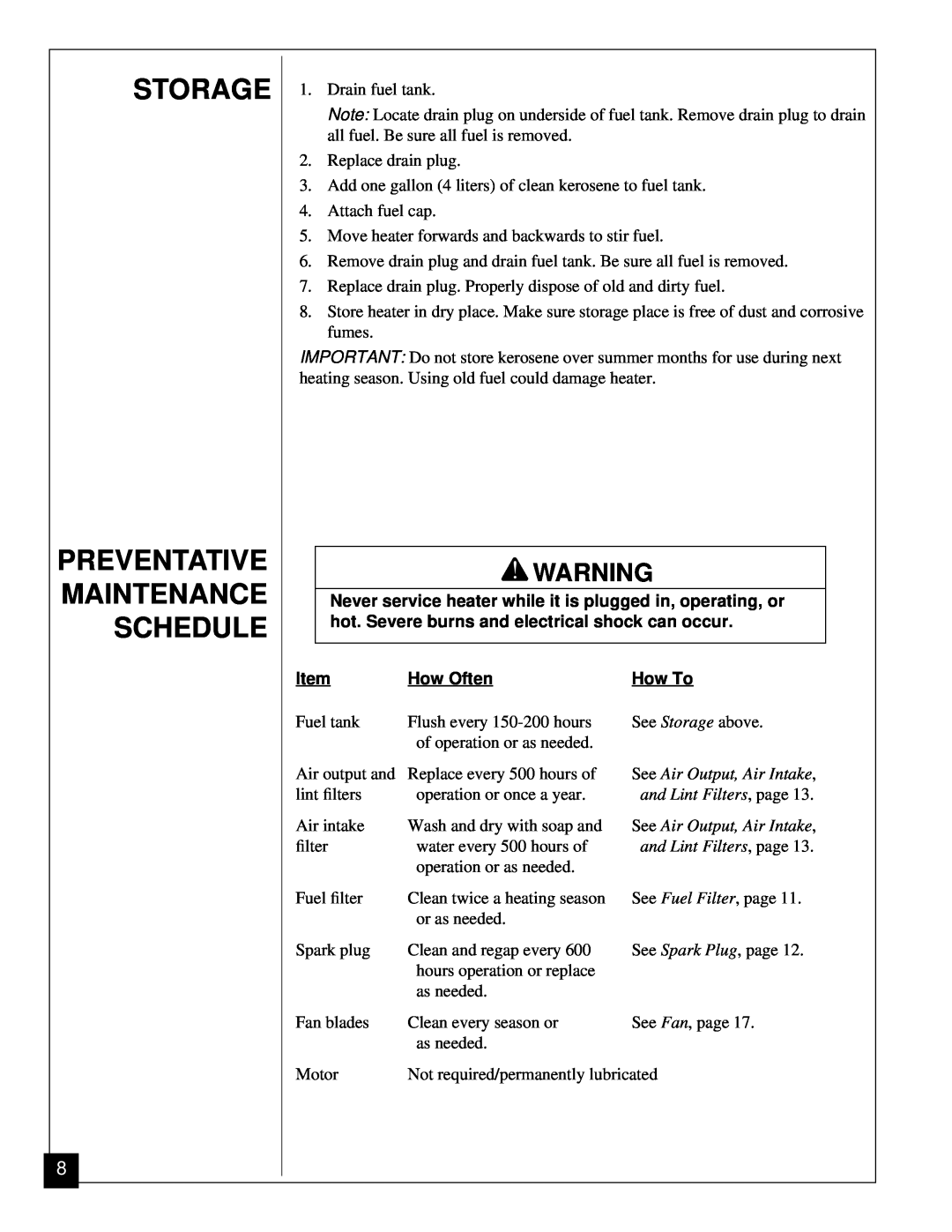 Jet Tools J100ECA, J150ECA owner manual Storage Preventative Maintenance Schedule, How Often, How To 