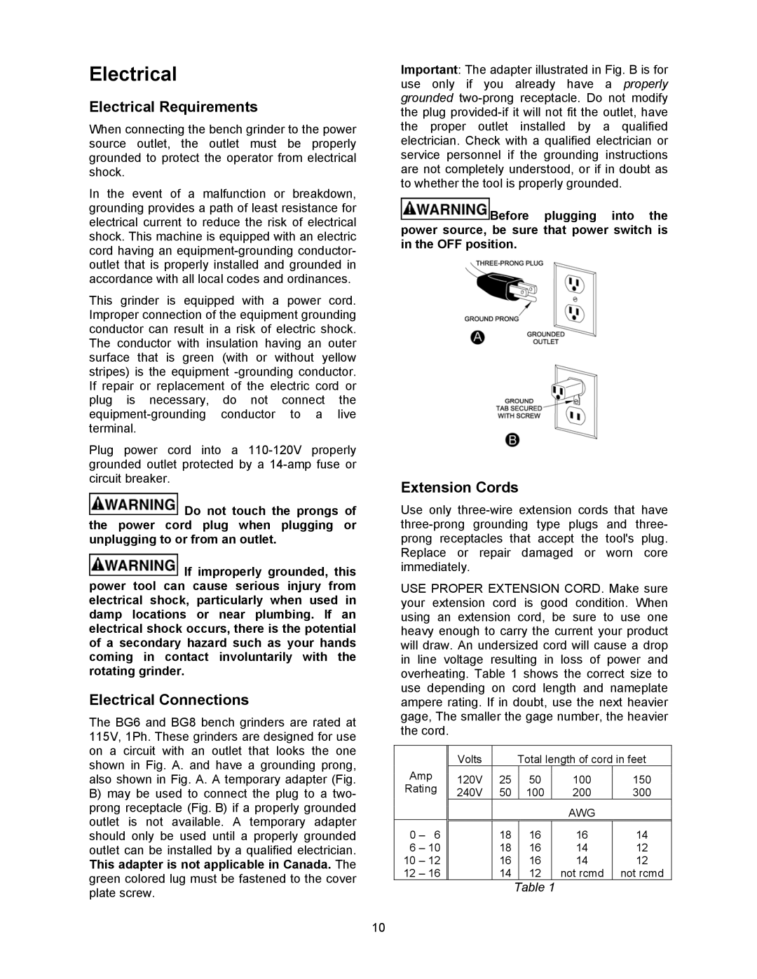 Jet Tools JBG-6A operating instructions Electrical Requirements, Electrical Connections, Extension Cords, Awg 