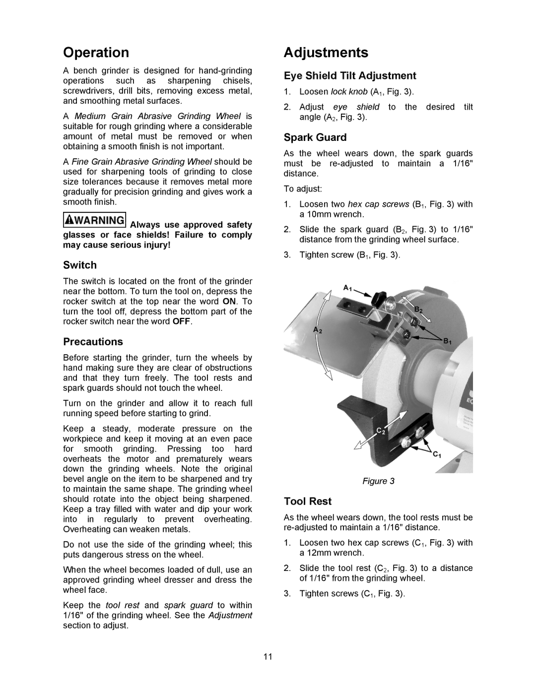 Jet Tools JBG-6A operating instructions Operation, Adjustments 