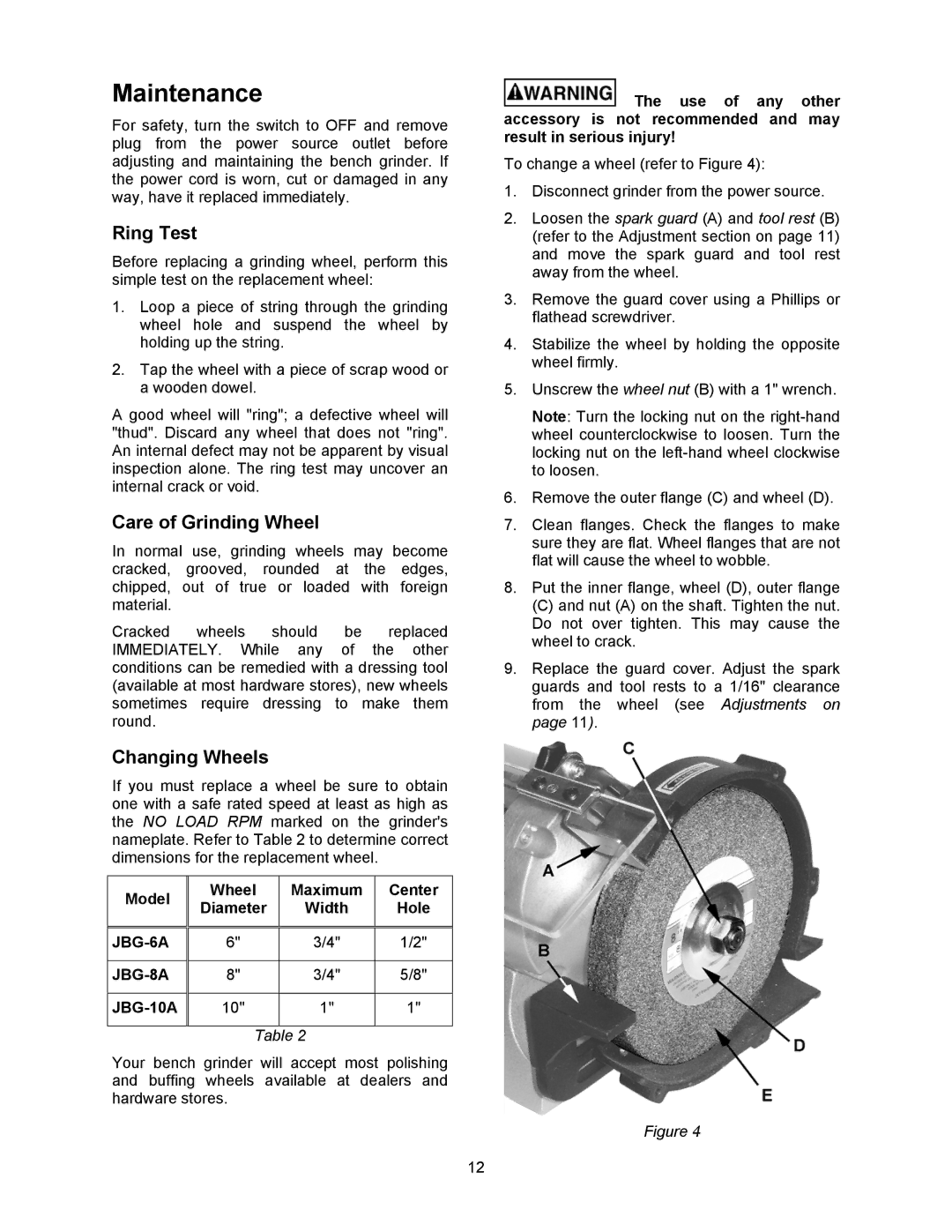 Jet Tools JBG-6A operating instructions Maintenance, Ring Test, Care of Grinding Wheel, Changing Wheels 