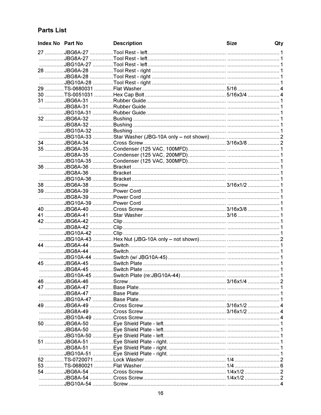 Jet Tools JBG-6A operating instructions TS-0680031 