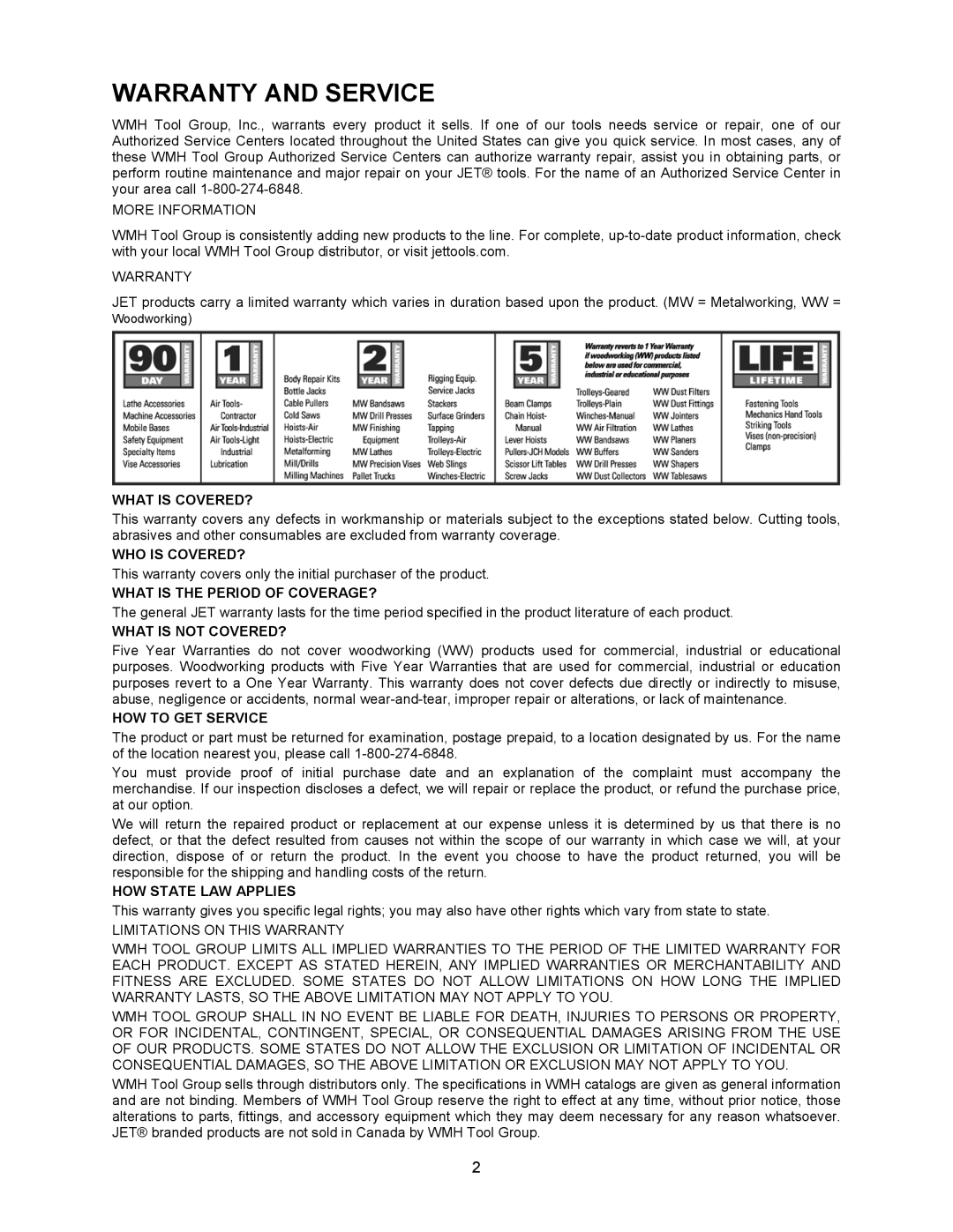 Jet Tools JBG-6A operating instructions More Information, Warranty 