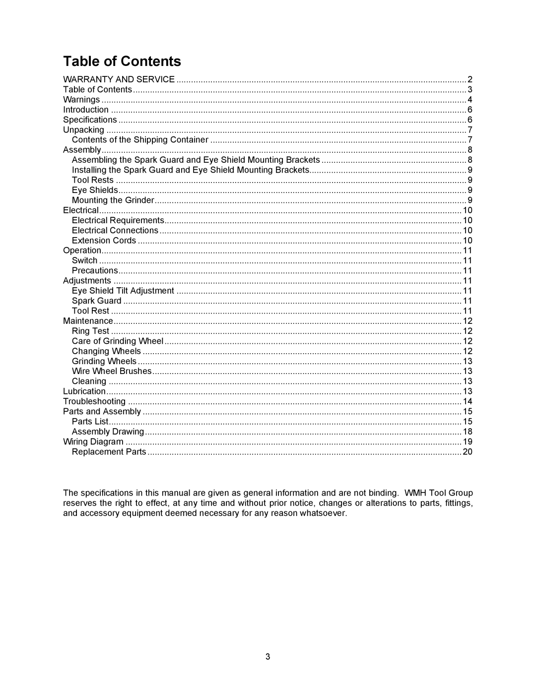 Jet Tools JBG-6A operating instructions Table of Contents 