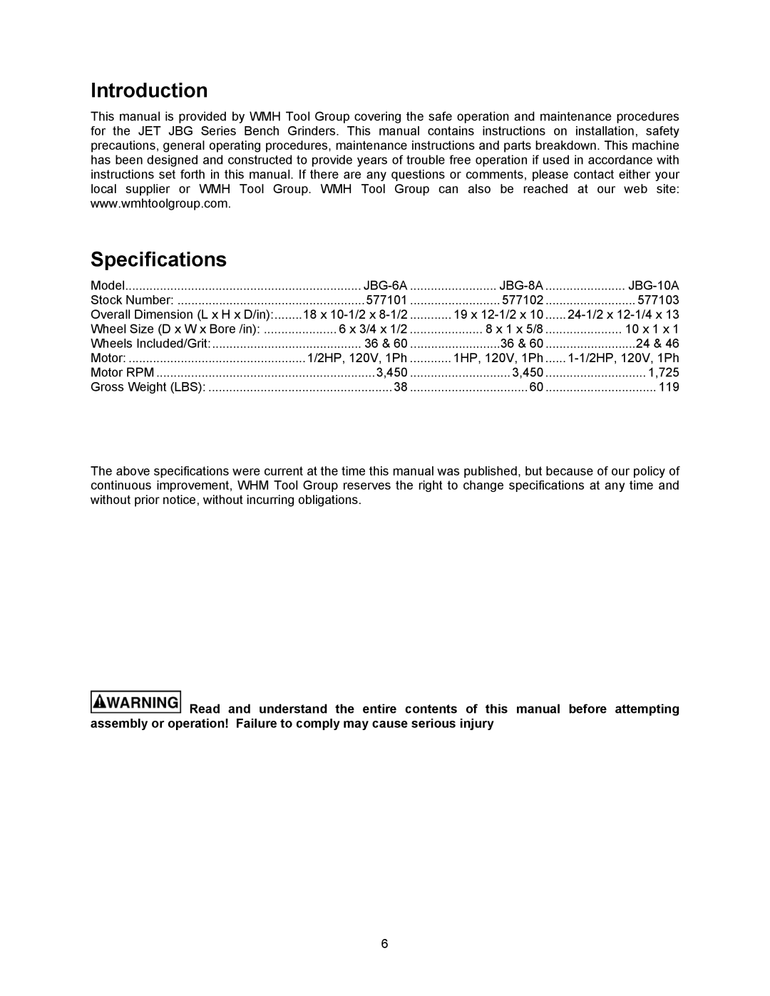 Jet Tools JBG-6A operating instructions Introduction Specifications 