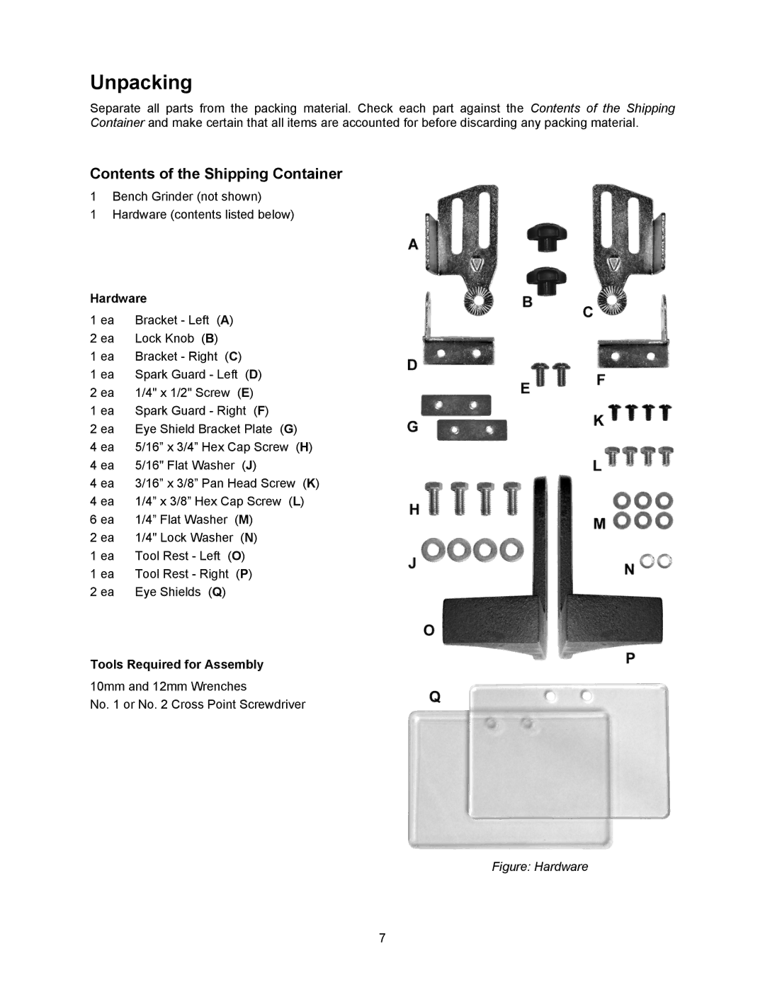 Jet Tools JBG-6A operating instructions Unpacking, Contents of the Shipping Container 