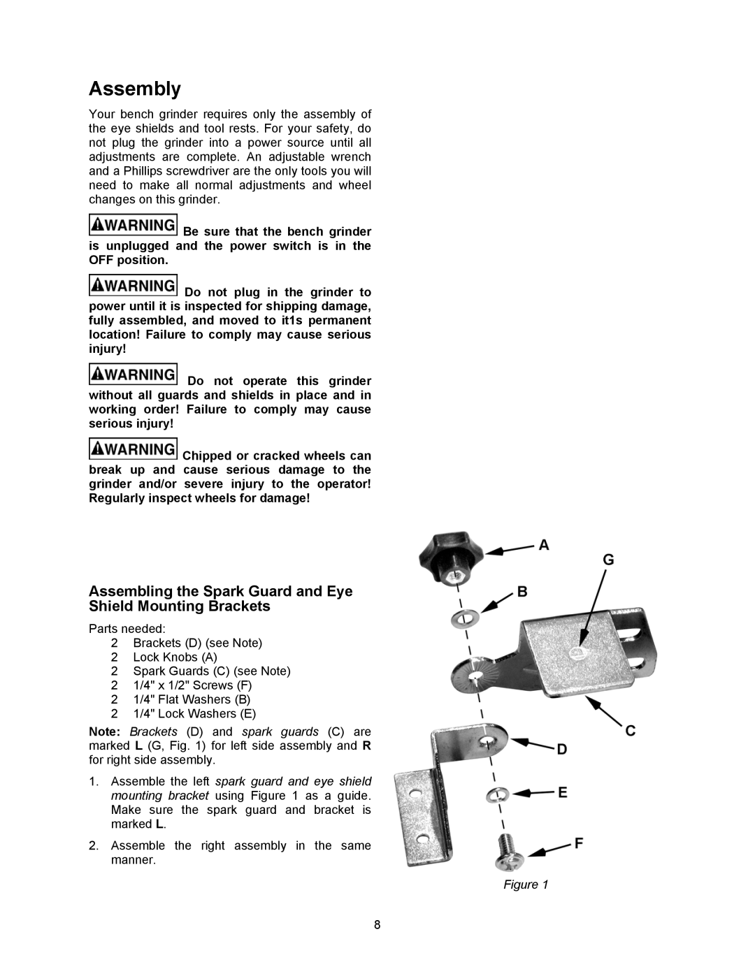 Jet Tools JBG-6A operating instructions Assembly, Assembling the Spark Guard and Eye Shield Mounting Brackets 