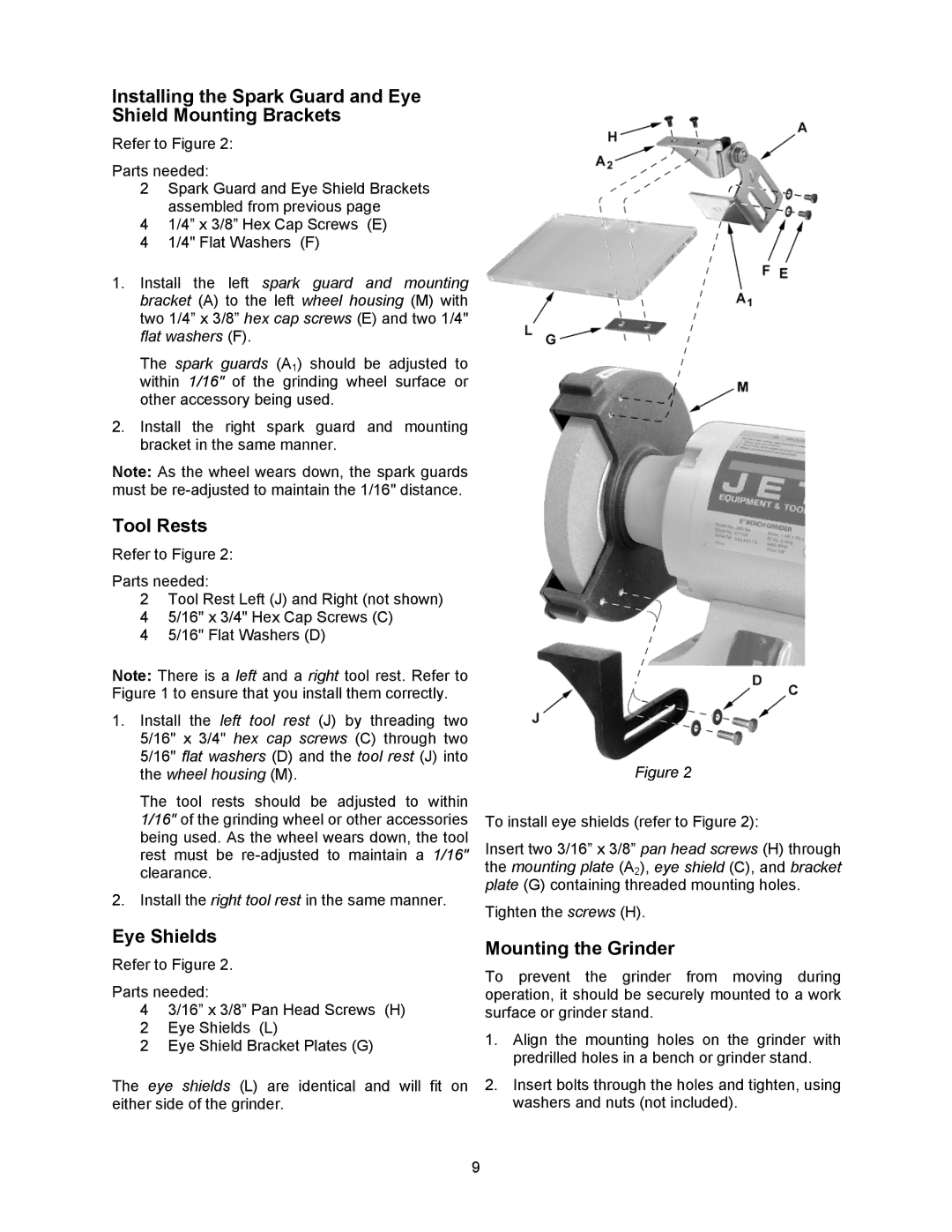 Jet Tools JBG-6A Installing the Spark Guard and Eye Shield Mounting Brackets, Tool Rests, Eye Shields 