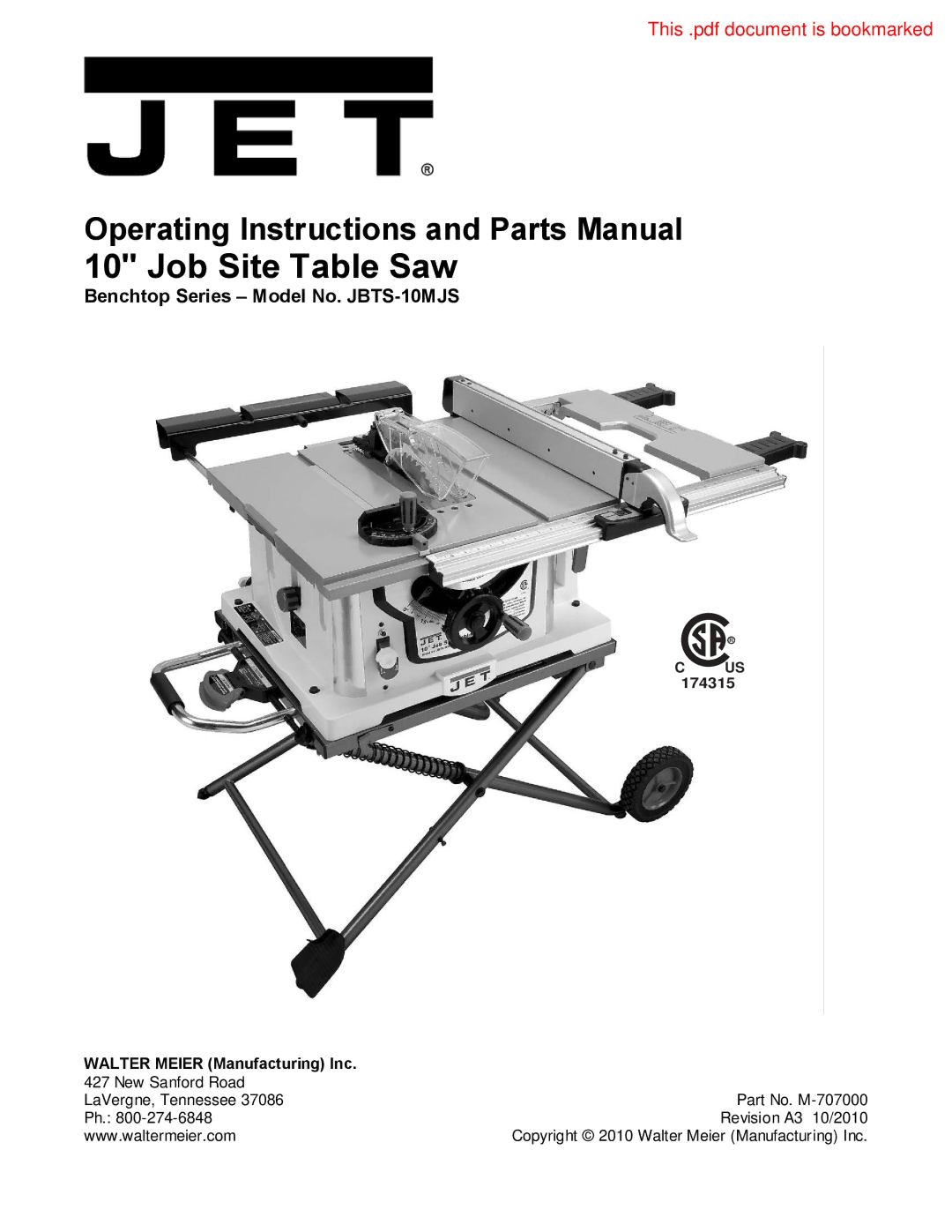 Jet Tools operating instructions Benchtop Series Model No. JBTS-10MJS, Walter Meier Manufacturing Inc 