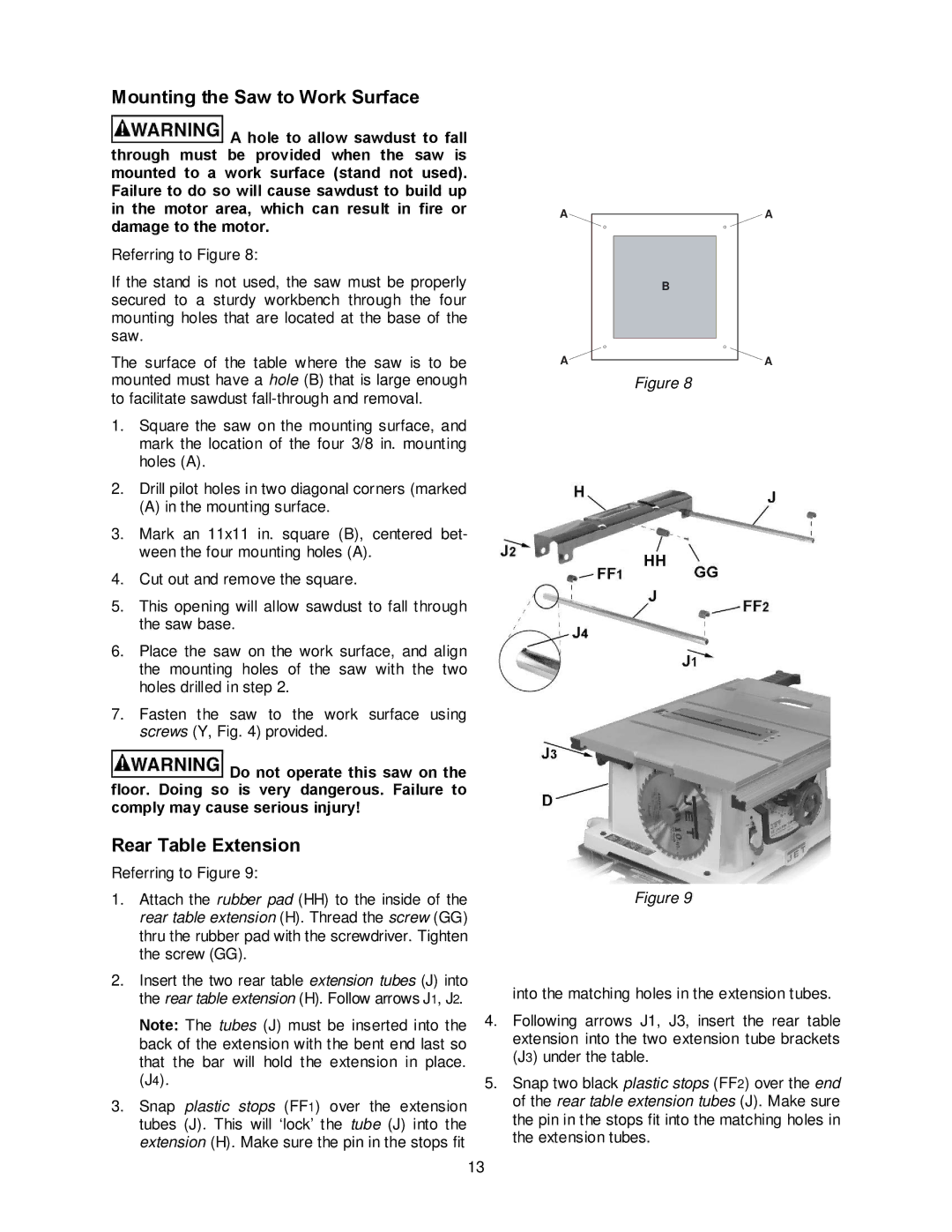 Jet Tools JBTS-10MJS operating instructions Mounting the Saw to Work Surface, Rear Table Extension 