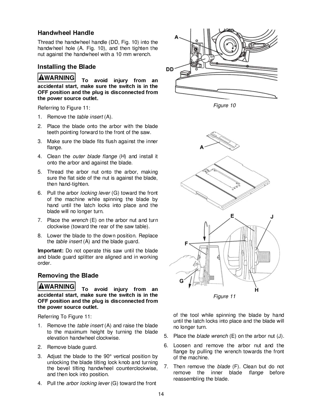 Jet Tools JBTS-10MJS operating instructions Handwheel Handle, Installing the Blade, Removing the Blade 