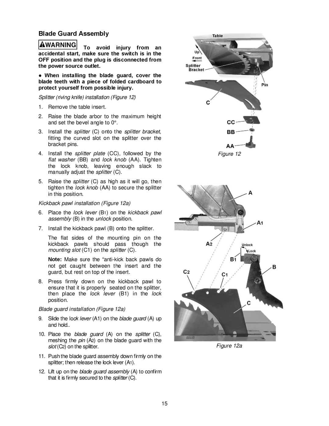 Jet Tools JBTS-10MJS operating instructions Blade Guard Assembly, Splitter riving knife installation Figure 