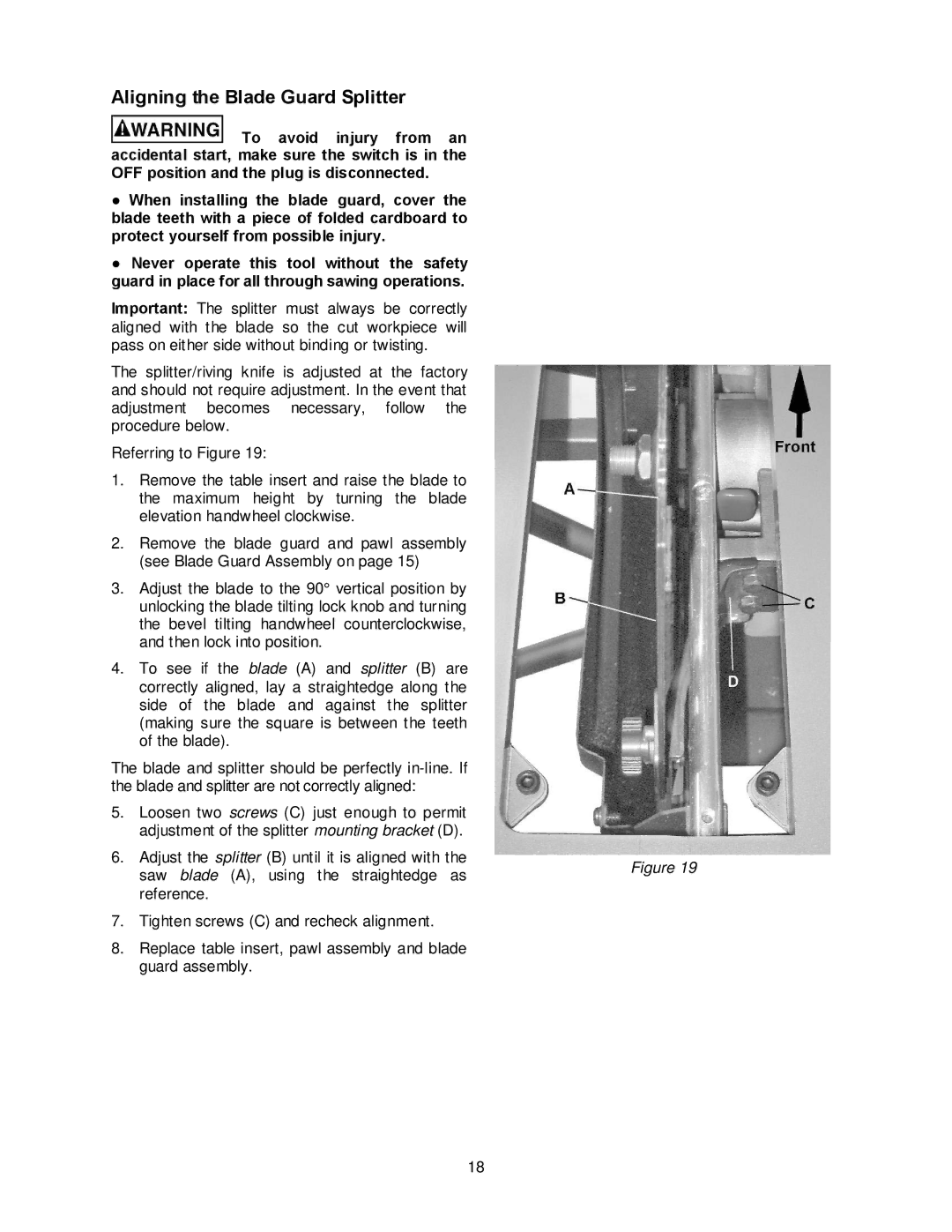 Jet Tools JBTS-10MJS operating instructions Aligning the Blade Guard Splitter 