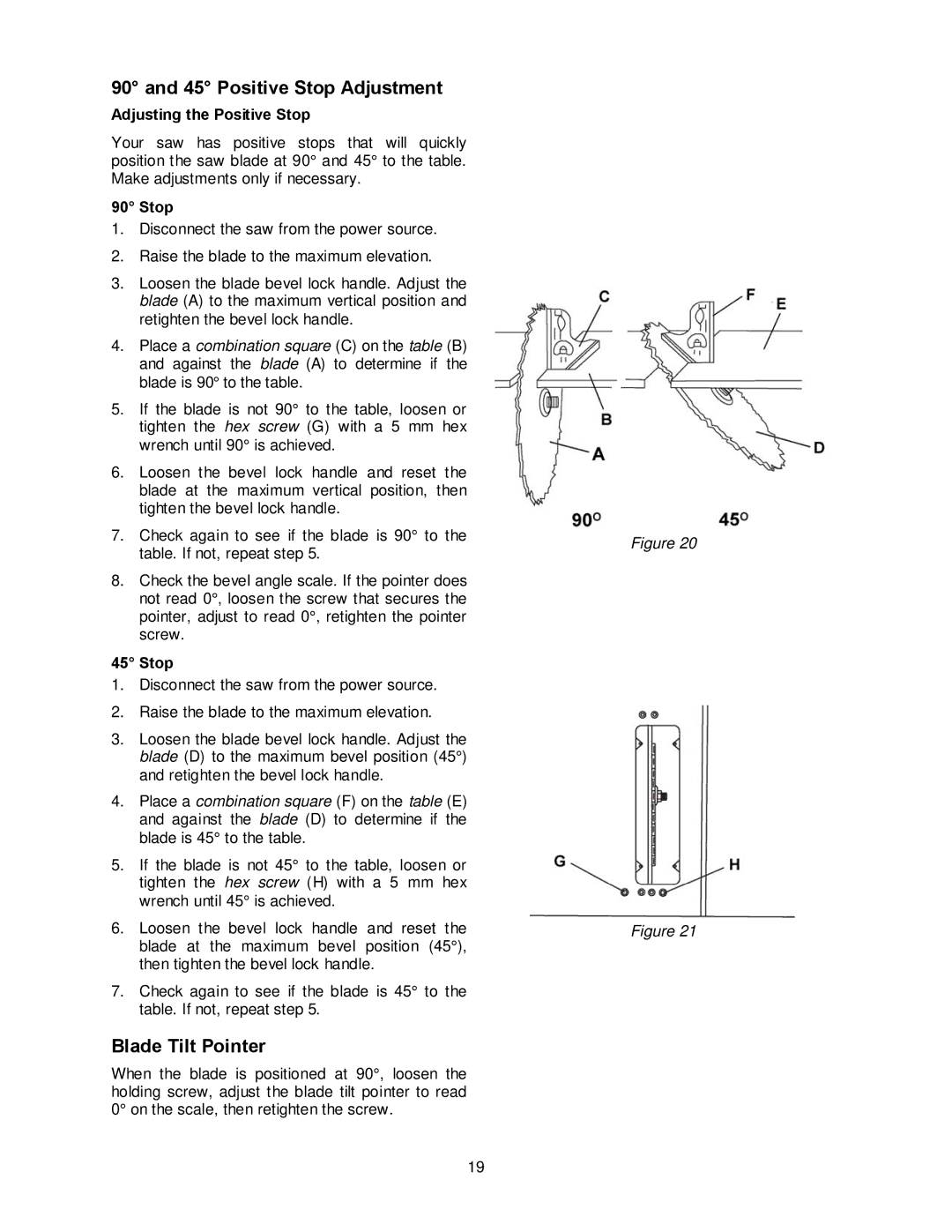 Jet Tools JBTS-10MJS operating instructions Positive Stop Adjustment, Blade Tilt Pointer, Adjusting the Positive Stop 