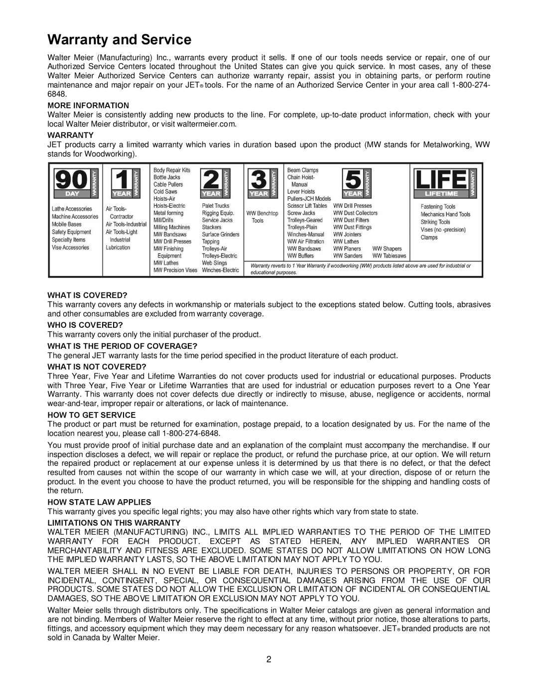 Jet Tools JBTS-10MJS operating instructions Warranty and Service, More Information 