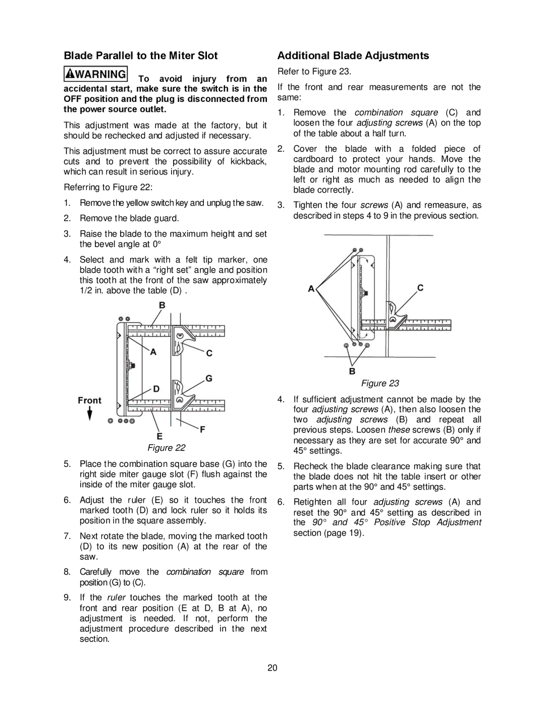 Jet Tools JBTS-10MJS operating instructions Blade Parallel to the Miter Slot, Additional Blade Adjustments 