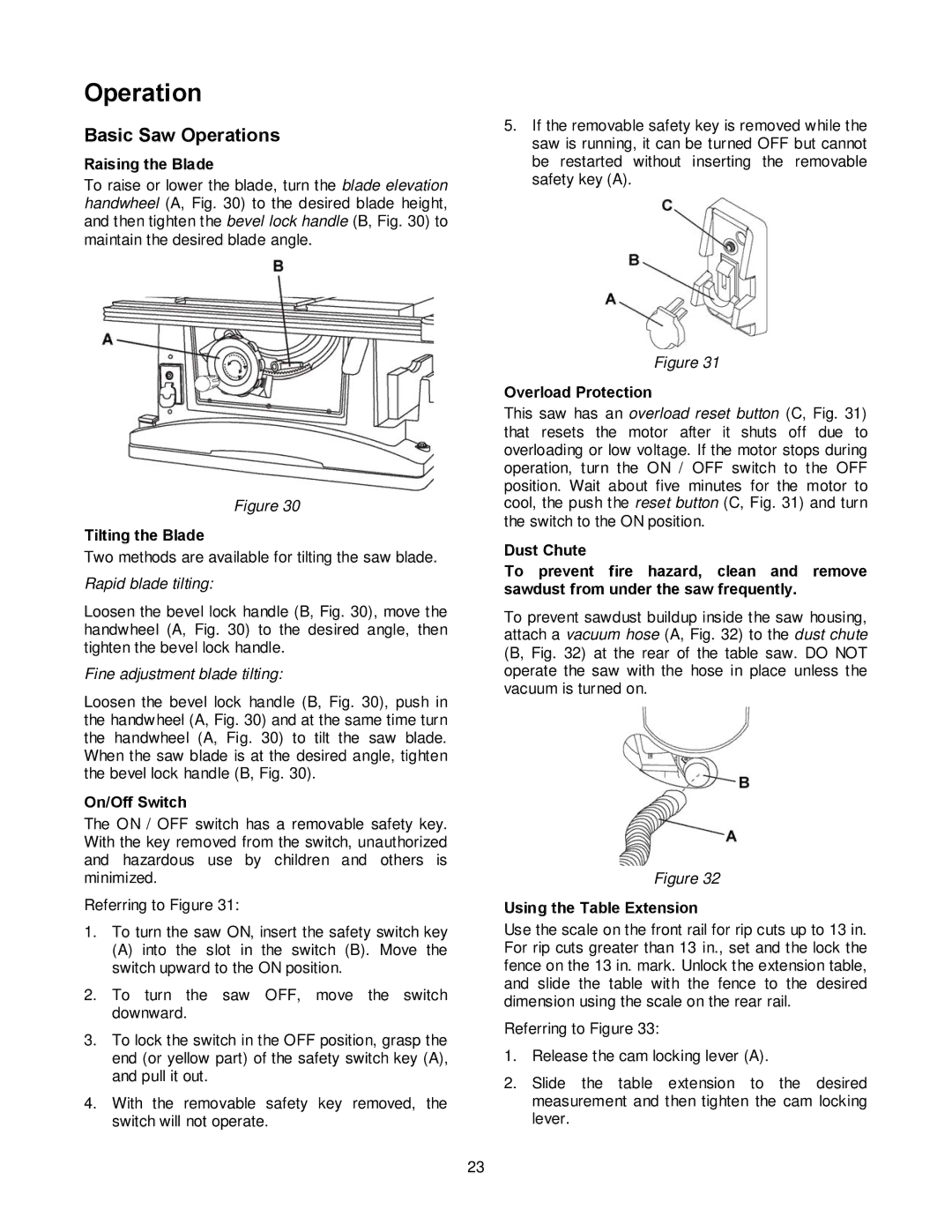 Jet Tools JBTS-10MJS operating instructions Basic Saw Operations 